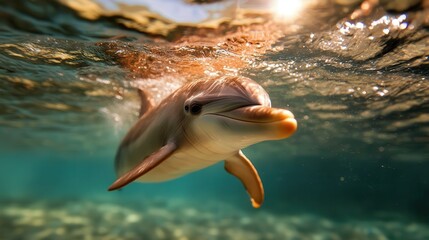 A joyful dolphin swims under a sunlit surface, creating shimmering reflections. Its smooth movements and vibrant surroundings evoke a sense of wonder.