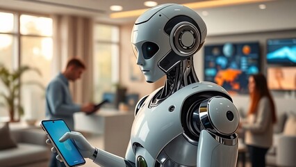 Futuristic Humanoid Robot in Modern High-Tech Living Room Setting