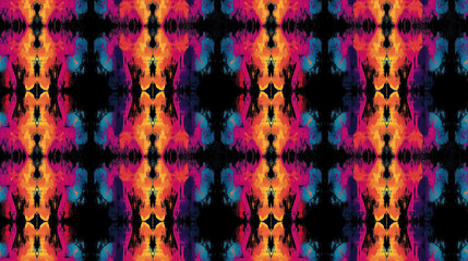 Colorful tie dye seamless pattern featuring tribal designs and bright water lines on black tones perfect for textile decor and boho inspired projects