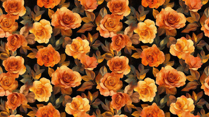 Fototapeta premium Watercolor floral pattern featuring motley roses in vibrant orange tones on a black background perfect for textile design wallpapers and crafts