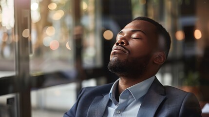 Fototapeta premium Man sitting at desk with head tilted back, eyes closed, and mouth slightly open, appearing to fall asleep during workday. Tired office worker amidst stress and fatigue in typical office