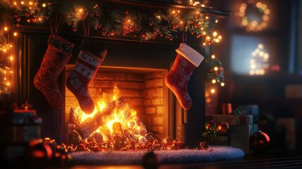 Obraz premium Christmas fireplace with stockings and glowing ornaments