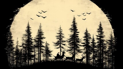 Fototapeta premium illustration of Santa Claus and his reindeer passing through pine trees on a dark night with a full moon, created in a graphic style
