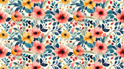 Watercolor floral illustration seamless pattern featuring vibrant blossoms and delicate leaves ideal for textile design and home decor