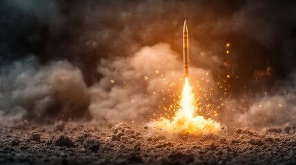 A rocket ascends into the sky through fiery bursts and thick clouds, exemplifying exploration and technological prowess, marking an impressive human achievement.