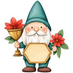 Cheerful gnome holding a trophy and flowers, perfect for festive themes.