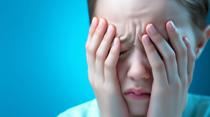 A young child covers their face with their hands, showing distre
