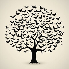 Obraz premium A stylized tree filled with flying bats, creating a unique graphic design.