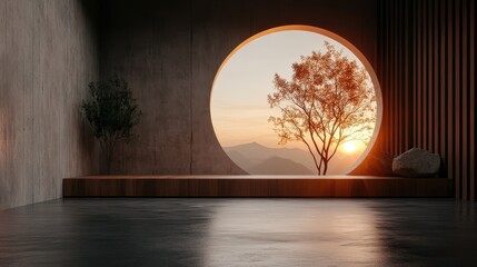 A room featuring a circular window providing an enchanting view of a tree and mountains as the sun sets, casting warm hues over the minimalist space.