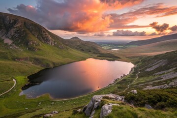 Softly Lit Aerial Panoramic View of a Serene Reservoir Surrounded by Lush Greenery and Mountains