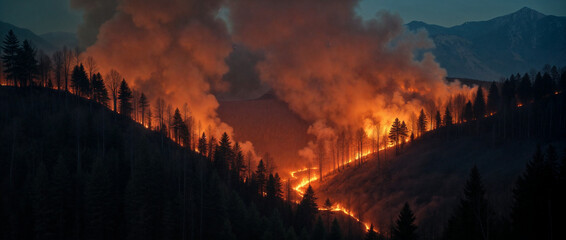 Fototapeta premium Massive Wildfire at Sunset, fiery landscape, environmental disaster, dramatic flames, background, intense scene, nature destruction