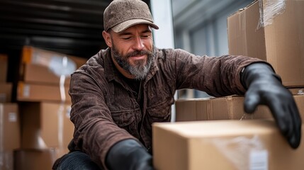 A diligent man with a beard and cap is organizing boxes in a warehouse, reflecting hard work and attention to detail in a professional and industrious setting.