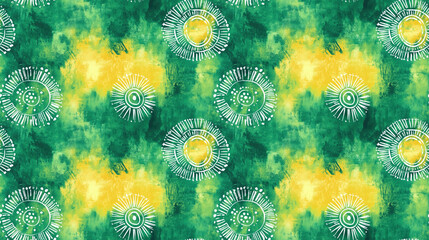 Obraz premium Seamless pattern featuring vibrant native ornaments with green watercolor layers yellow tie dye textures and intricate white Japanese embroidery