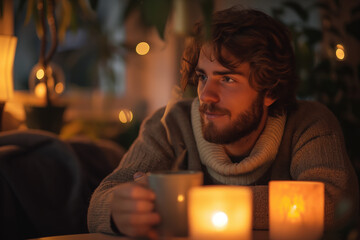 A bearded man sits with a warm drink surrounded by candlelight, creating a cozy and introspective...