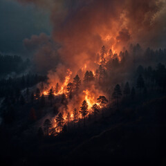 Massive Wildfire at Sunset, fiery landscape, environmental disaster, dramatic flames, background, intense scene, nature destruction