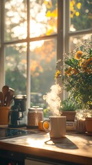 Cozy Kitchen Morning With Steaming Coffee and Sunlight