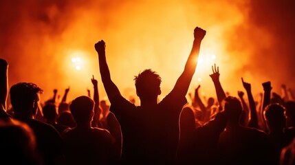 Fans enthusiastically raise their hands, immersed in the euphoric energy of a concert with orange...