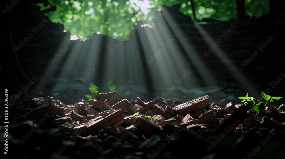 Poster Sunlight beams filter through a ruined structure, illuminating scattered bricks and lush greenery, creating a serene, ethereal atmosphere.