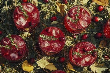 Fototapeta premium Autumnal cranberry cocktails adorned with fresh herbs on bed of fallen leaves
