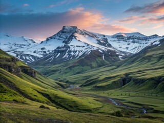 Fototapeta premium Soft Natural Light Illuminates a Stunning Icelandic Landscape of Snow-Capped Mountains and Valleys