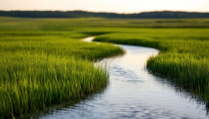 Fototapeta premium A serene landscape featuring lush green grass and a winding stream under soft lighting, evoking tranquility and the beauty of nature.