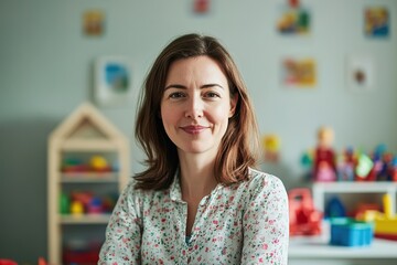 Smiling woman in a playroom with colorful toys in background