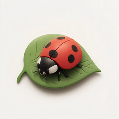 Fototapeta premium A clip-art of a ladybug sitting on a leaf, depicted in claymorphism style on a white background.