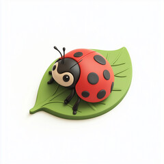Fototapeta premium A clip-art of a ladybug sitting on a leaf, depicted in claymorphism style on a white background.