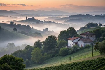 Fototapeta premium Soft Pastel Hues Illuminate a Serene Foggy Sunrise Over Brianza, Creating a Tranquil Landscape Scene