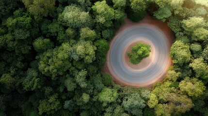 An aerial shot captures a circular dirt road surrounded by lush, green forest trees, creating a natural and tranquil scene filled with vibrant greenery and symmetry.