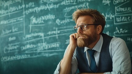 Thoughtful man in a classroom setting, deep in contemplation with a chalkboard in the background.