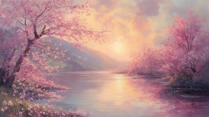 A soft, pastel landscape featuring cherry blossoms in full bloom under a gentle sunset, casting a warm glow and inviting serenity.