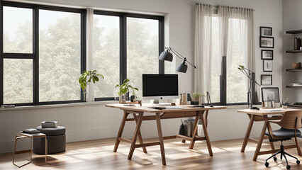 a creative and modern home office setup featuring a standing desk a high end laptop and an adjustaatble