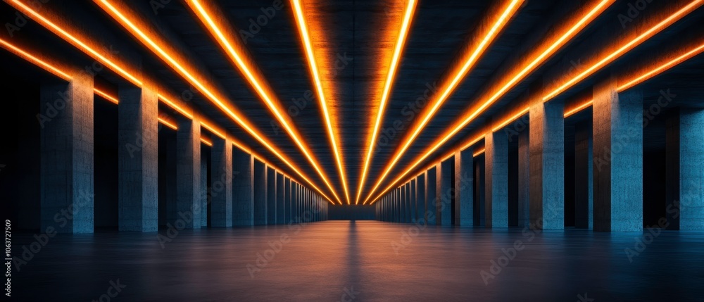 Poster a modern corridor illuminated by striking orange lights, creating an atmospheric perspective with co