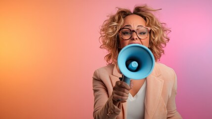 Obraz premium A woman holding a blue megaphone, wearing glasses and a peach blazer, stands against a vibrant pastel background, conveying a message with enthusiasm and energy.