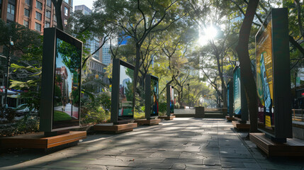 Sleek outdoor digital signage in a bustling urban park, displaying eco-friendly and local business advertisements with a crisp, modern look