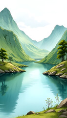 Serene river landscape with mountains and trees in tranquil style 