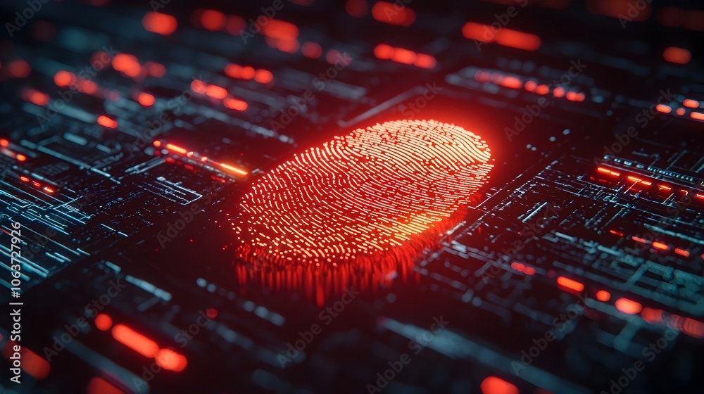 Poster glowing red fingerprint on digital screen for ai powered fraud detection system