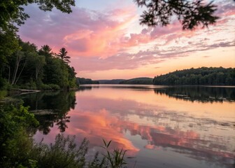 Obraz premium Soft Pink Sunset Illuminates Serene Lake with Delicate Clouds Mirrored in Calm Waters Reflection