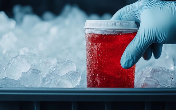 A close-up of a hand in a blue glove holding a jar filled with red liquid among ice cubes, highlighting a laboratory setting.