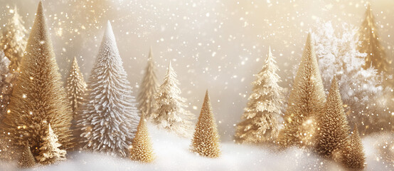 Festive Christmas background with golden trees and snow, in the style of golden and white colors.