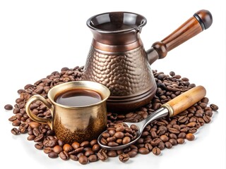 
Turk for brewing coffee and a cup of coffee, isolated on a white background