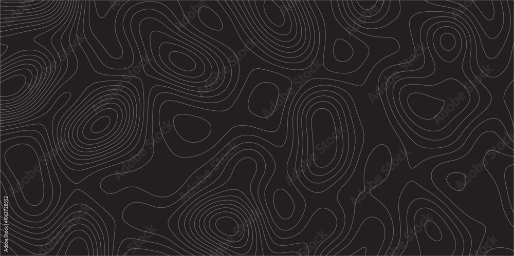 Poster Abstract white on black background Topographic line map pattern. Modern Abstract Design Concept Elegant Black Beautiful Topo Wallpaper Design illustration for art, fabric, packaging, web, banner.