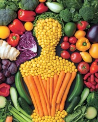 A vibrant display of vegetables arranged in the shape of a human figure, promoting healthy eating and nutrition.