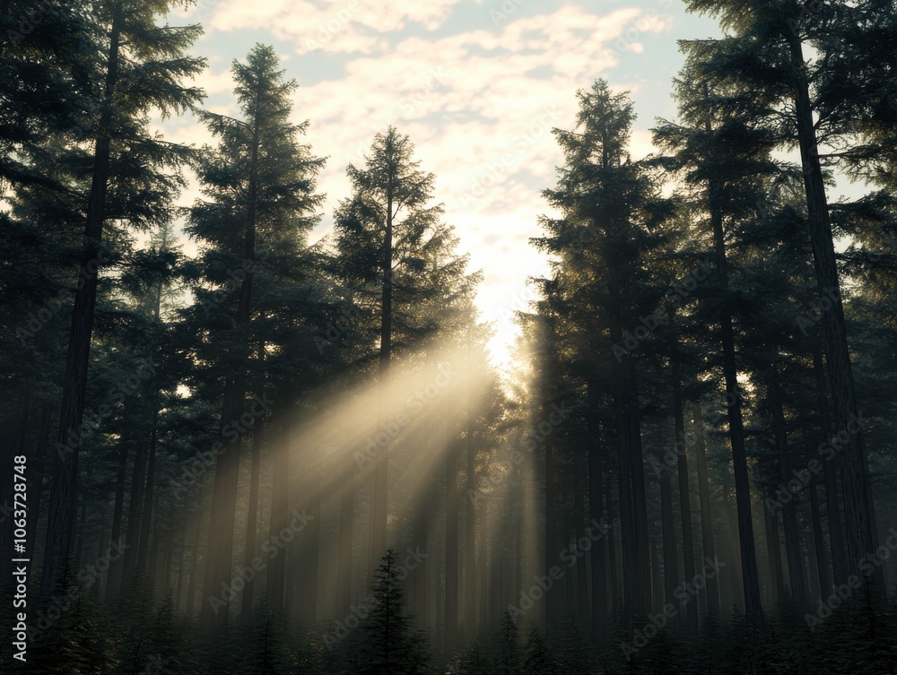 Poster A serene forest scene with sunbeams filtering through tall trees, creating a tranquil and mystical atmosphere.