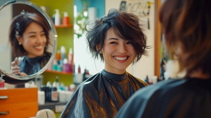 Obraz premium Hairstylist Showing Client New Haircut in Mirror