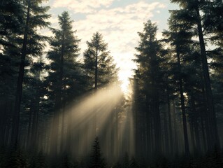 Fototapeta premium A serene forest scene with sunbeams filtering through tall trees, creating a tranquil and mystical atmosphere.