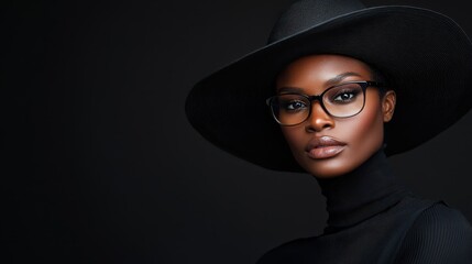 An elegant portrait of a sophisticated woman donning a wide-brimmed hat and stylish glasses, exuding confidence and grace against a dark background.