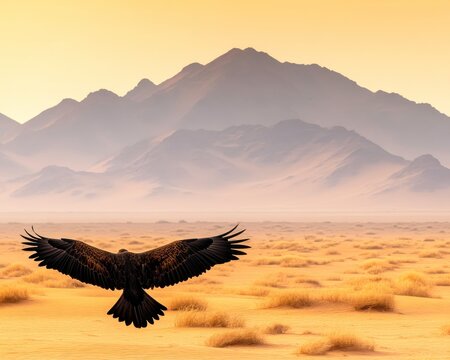 A majestic eagle soars over a vast desert landscape, framed by distant mountains under a warm, golden sky.