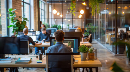 A small business scaling rapidly, leveraging AI, automation, and sustainable practices, with employees working both in smart offices and remotely, driving the next phase of growth